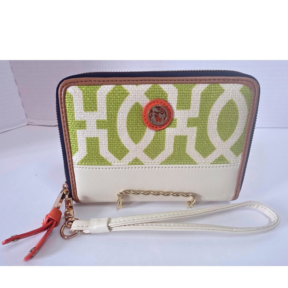 Spartina 449 Daufuskie Island Wristlet Green Cream Geometric Linen Leather NWOT
